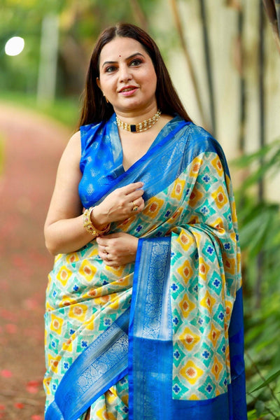 Vibrant Banarasi Digital Printed Saree with Royal Blue Zari Border