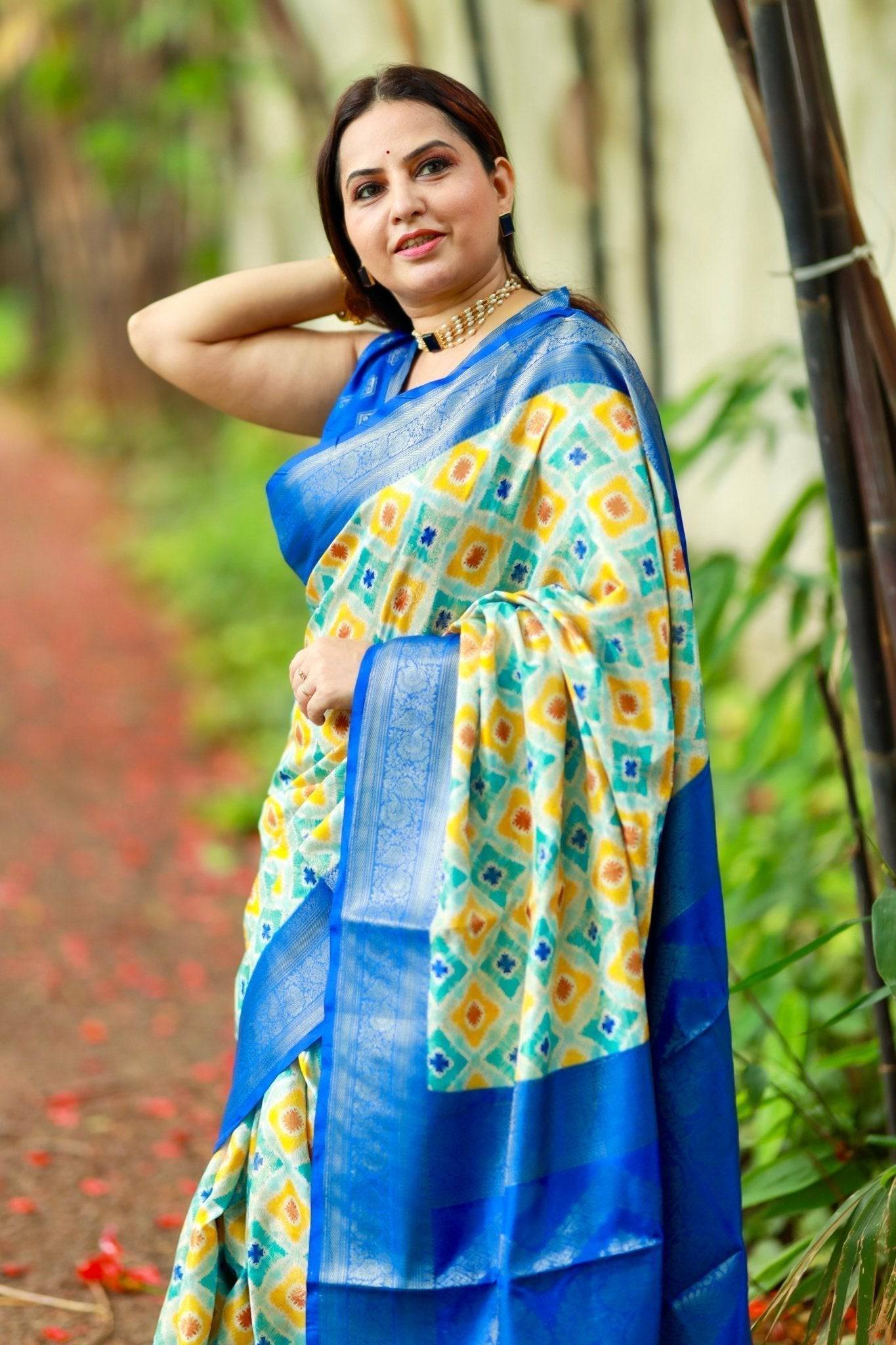 Vibrant Banarasi Digital Printed Saree with Royal Blue Zari Border