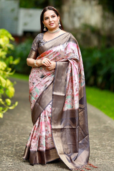 Luxurious Multicolor Geometric Silk Saree with Rose Gold Zari Border