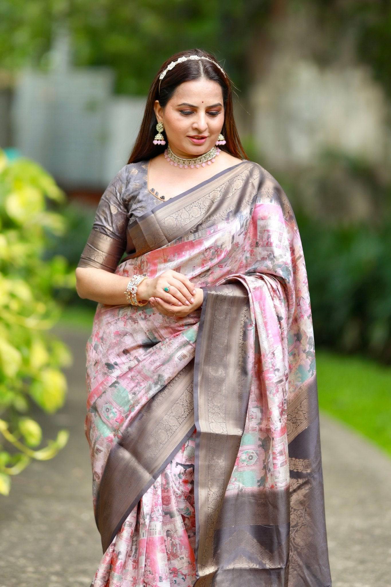 Luxurious Multicolor Geometric Silk Saree with Rose Gold Zari Border