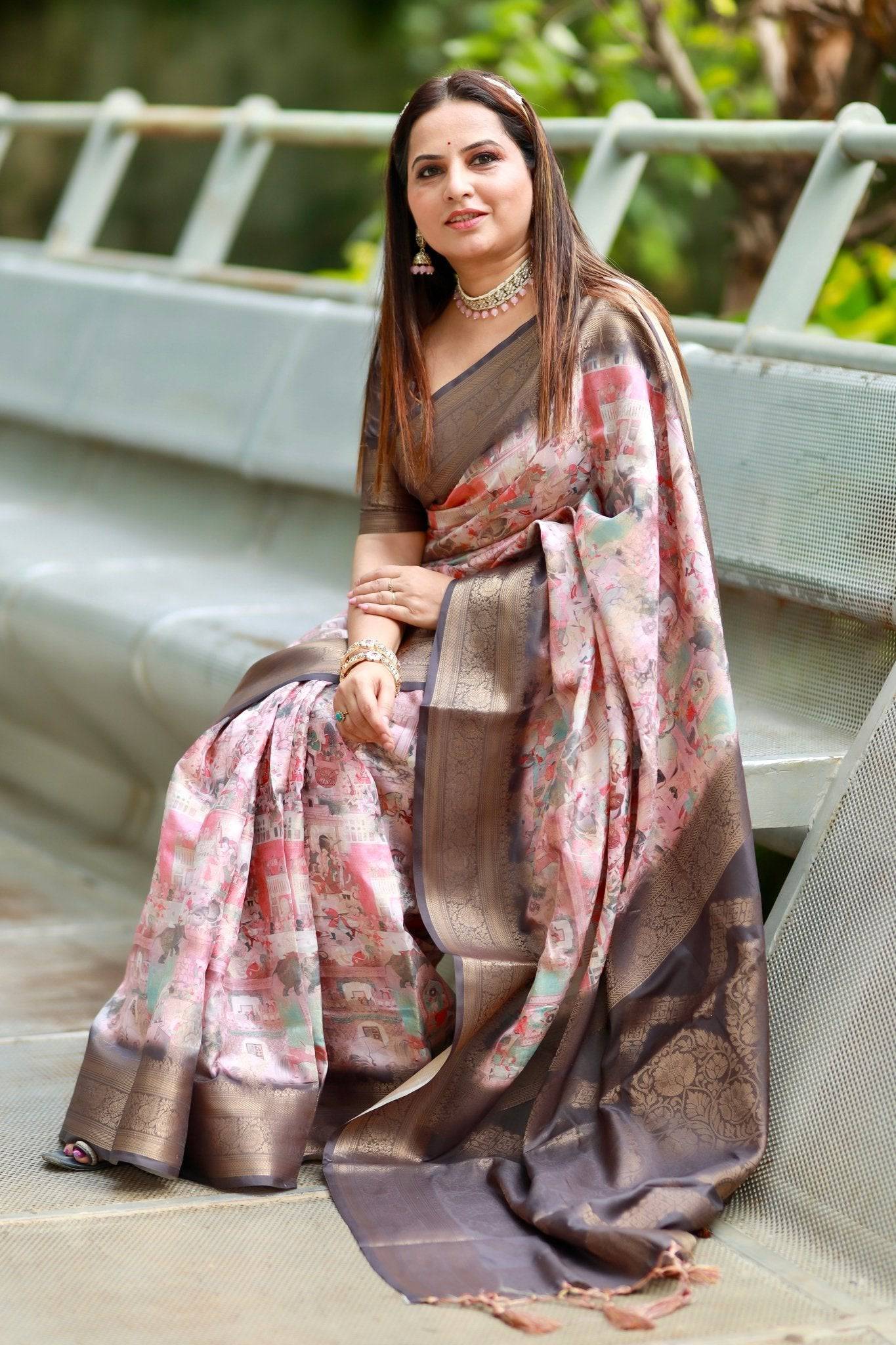 Luxurious Multicolor Geometric Silk Saree with Rose Gold Zari Border