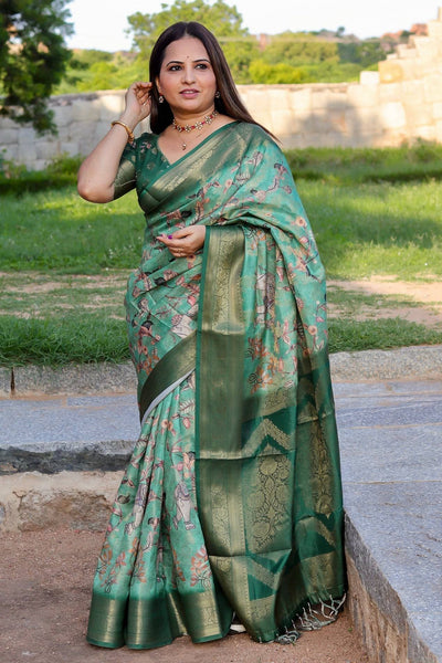 Graceful Emerald Green Banarasi Silk Saree with Floral Zari Accents