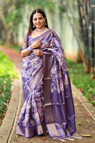 Regal Purple Banarasi Silk Saree with Floral Motifs and Elegant Tassels