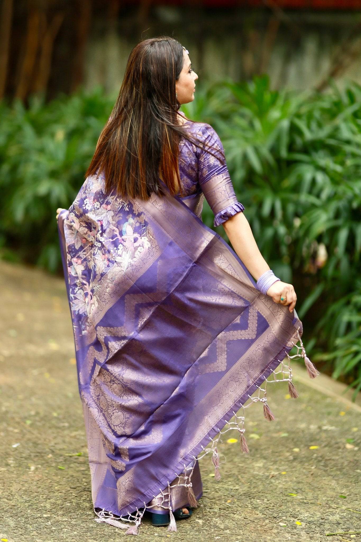 Regal Purple Banarasi Silk Saree with Floral Motifs and Elegant Tassels