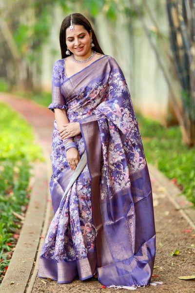 Regal Purple Banarasi Silk Saree with Floral Motifs and Elegant Tassels