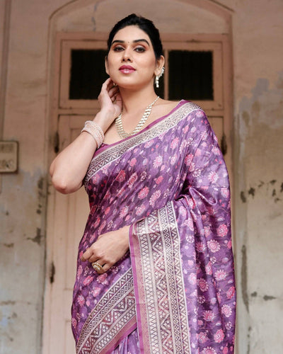 Purple Floral Pure Silk Digital Print Saree with Silver Border and Tassels