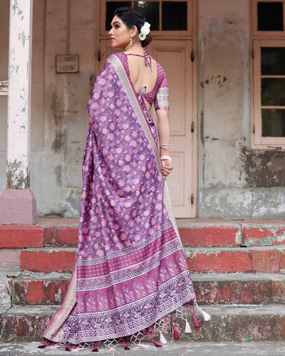 Purple Floral Pure Silk Digital Print Saree with Silver Border and Tassels