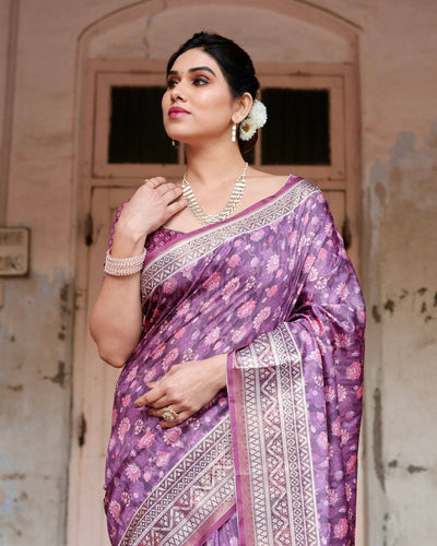 Purple Floral Pure Silk Digital Print Saree with Silver Border and Tassels