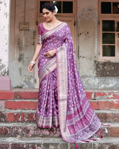 Purple Floral Pure Silk Digital Print Saree with Silver Border and Tassels