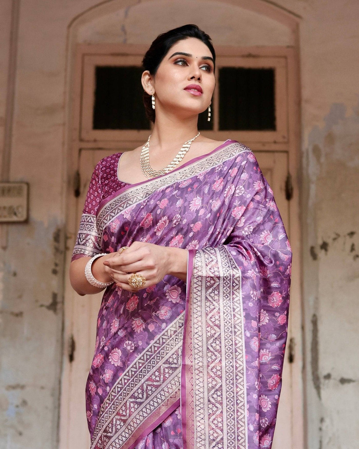 Purple Floral Pure Silk Digital Print Saree with Silver Border and Tassels