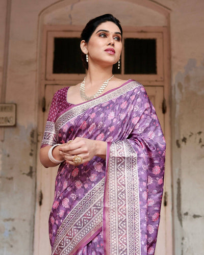 Purple Floral Pure Silk Digital Print Saree with Silver Border and Tassels