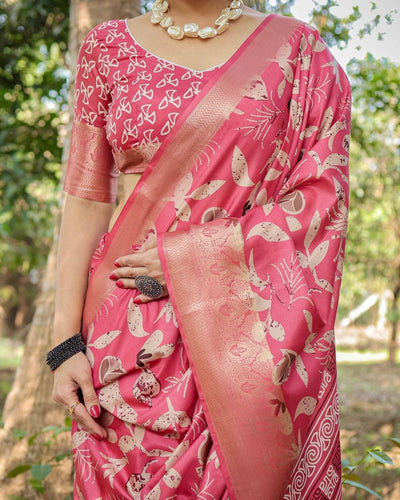 Vibrant Pink Tussar Silk Saree with Intricate Zari Border and Modern Floral Pallu