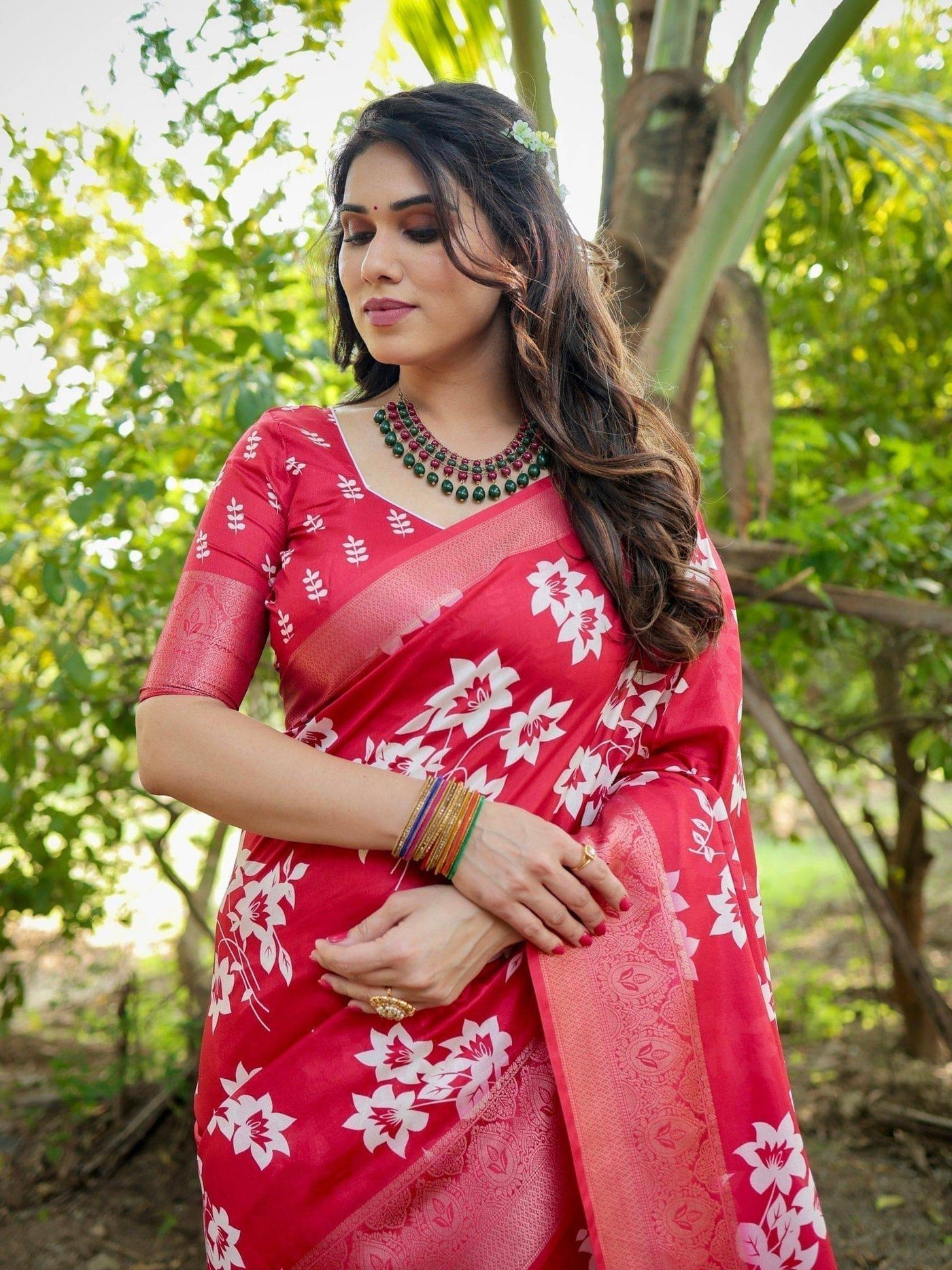 Graceful Red Tussar Silk Saree with White Floral Design and Zari Border