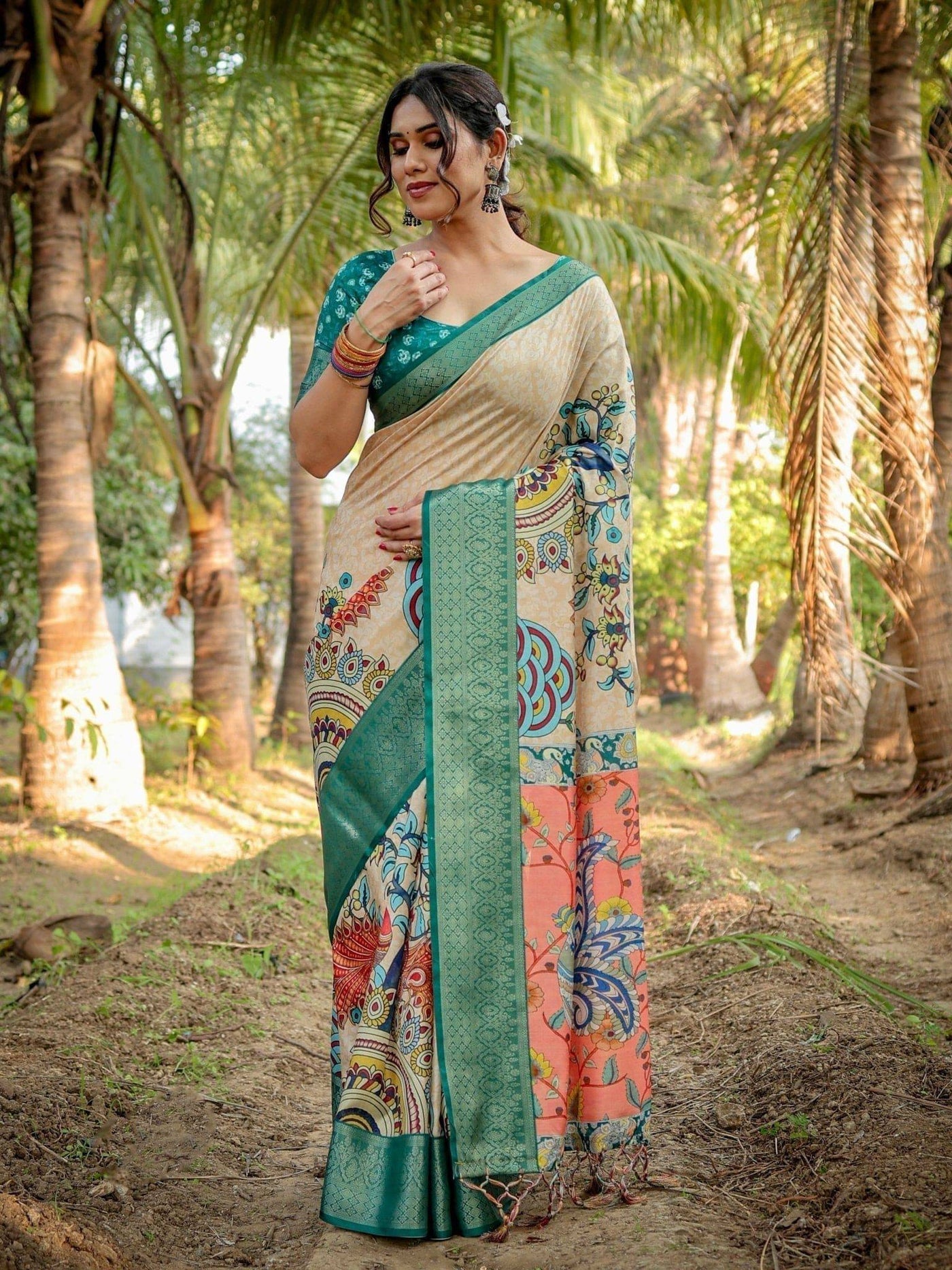 Elegant Tussar Silk Saree in Beige and Coral with Madhubani Pallu and Zari Accents