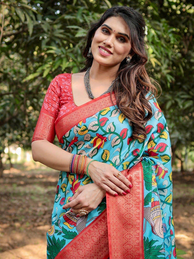 Aqua Blue Tussar Silk Saree with Vibrant Nature-Inspired Prints and Red Zari Border