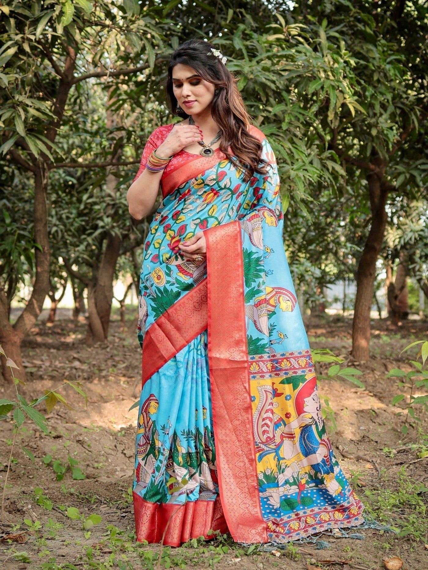 Pure Silk Digitally Printed Saree Weaved With Golden Zari Comes With Tassels