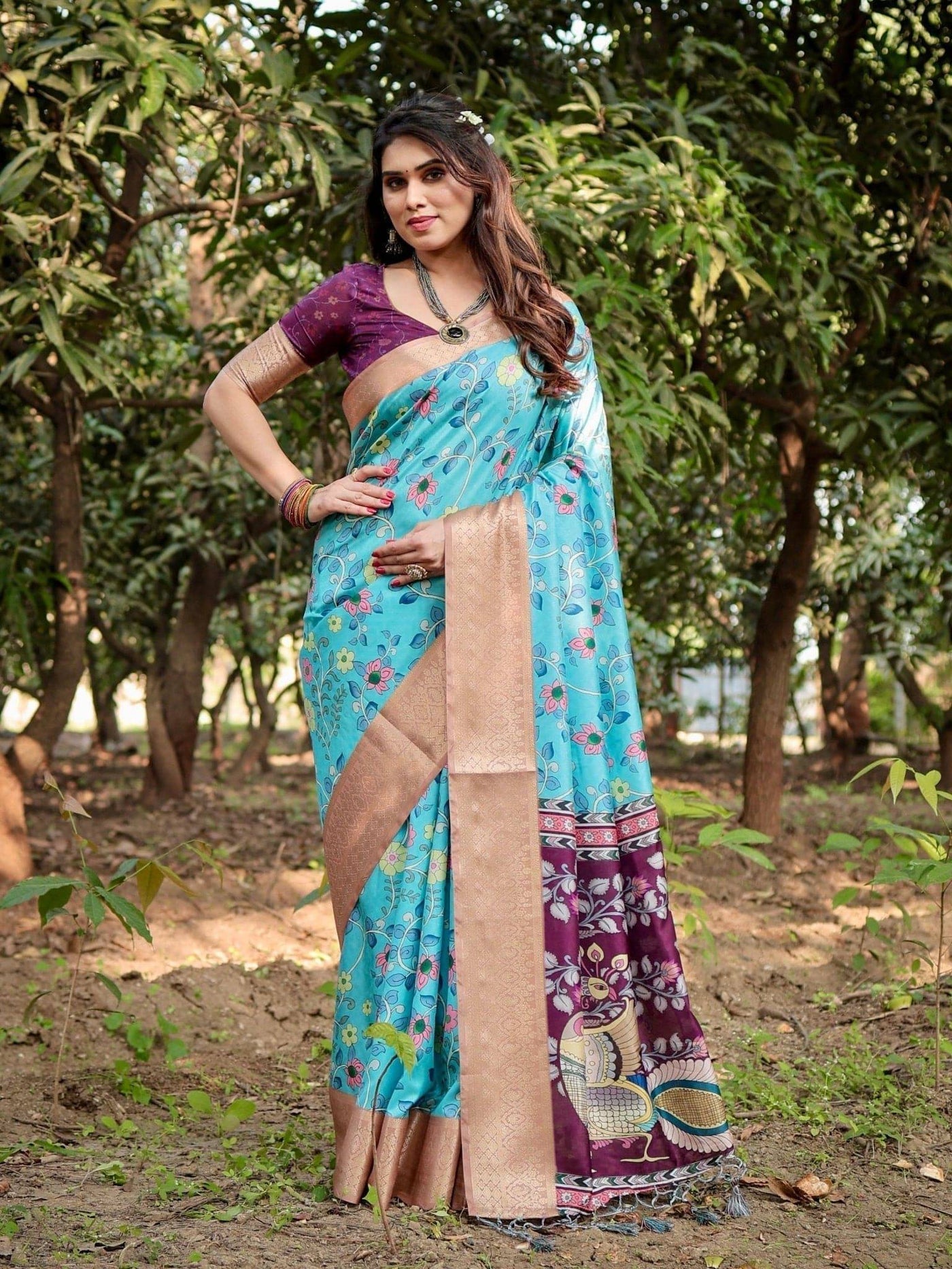 Pure Silk Digitally Printed Saree Weaved With Golden Zari Comes With Tassels