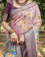 Pastel Beige Banarasi Silk Saree with Vibrant Floral Motifs and Zari Border