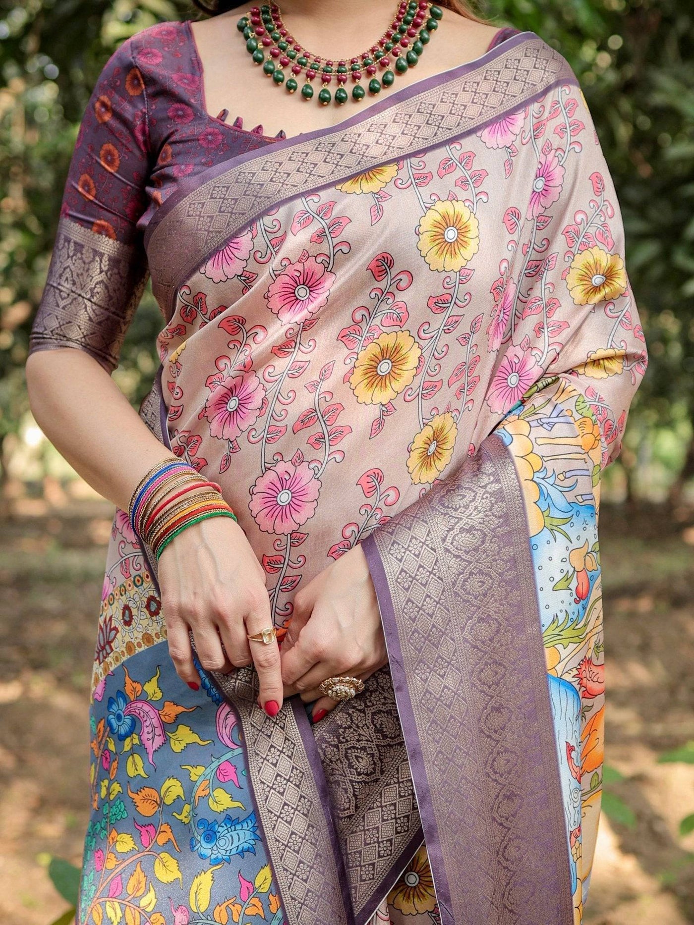 Pastel Beige Tussar Silk Saree with Vibrant Floral Motifs and Zari Border