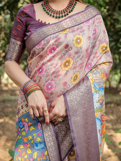 Pure Silk Digitally Printed Saree Weaved With Golden Zari Comes With Tassels