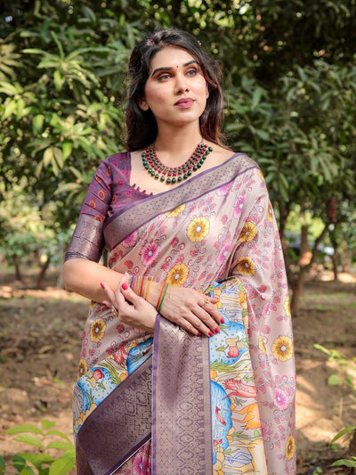 Pastel Beige Tussar Silk Saree with Vibrant Floral Motifs and Zari Border