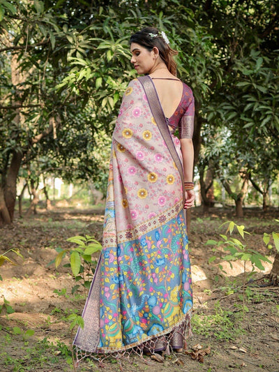 Pastel Beige Tussar Silk Saree with Vibrant Floral Motifs and Zari Border