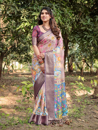 Pastel Beige Tussar Silk Saree with Vibrant Floral Motifs and Zari Border