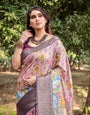 Pastel Beige Tussar Silk Saree with Vibrant Floral Motifs and Zari Border