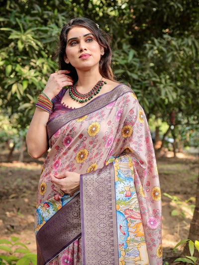 Pastel Beige Tussar Silk Saree with Vibrant Floral Motifs and Zari Border