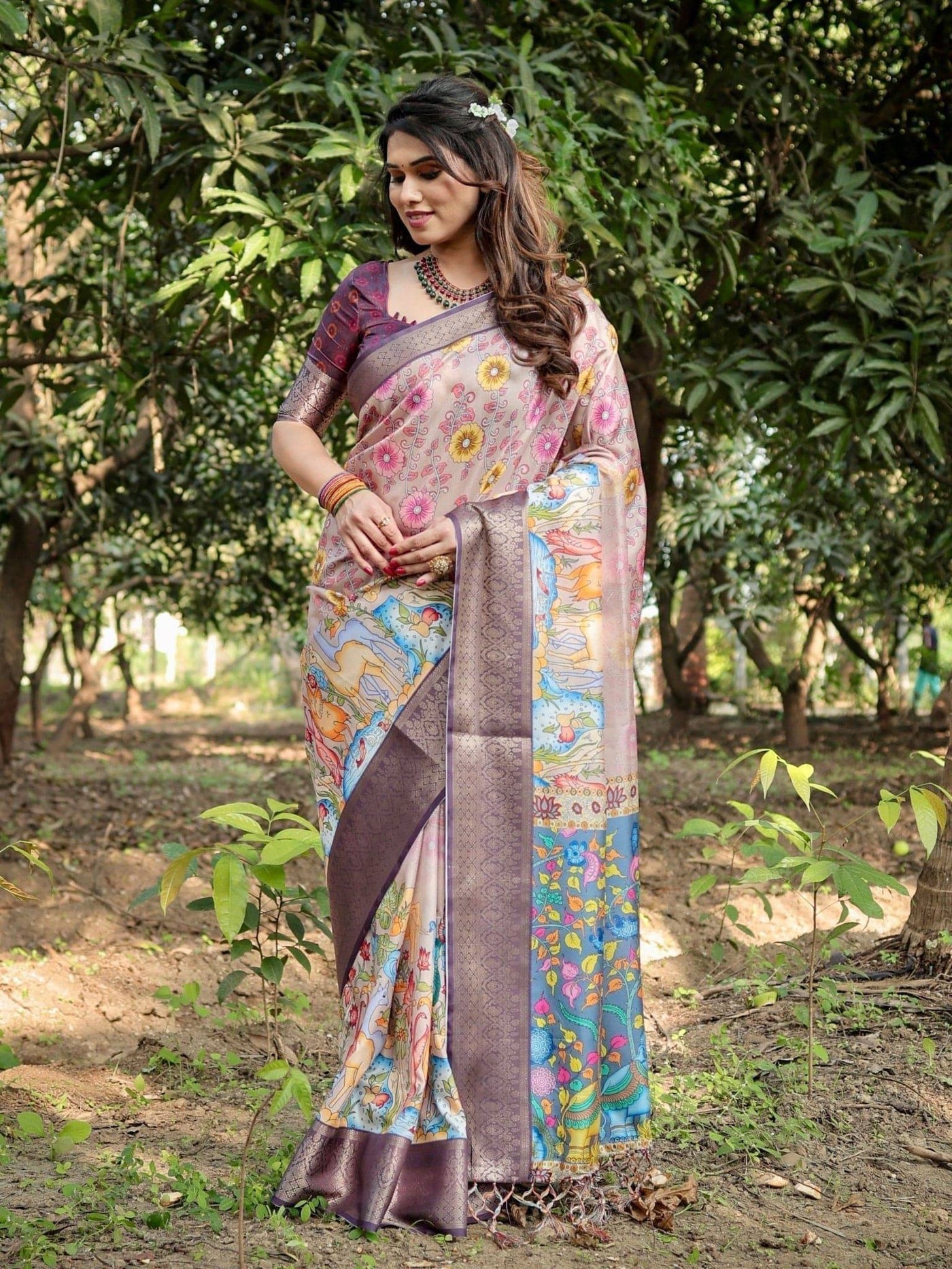 Pastel Beige Tussar Silk Saree with Vibrant Floral Motifs and Zari Border