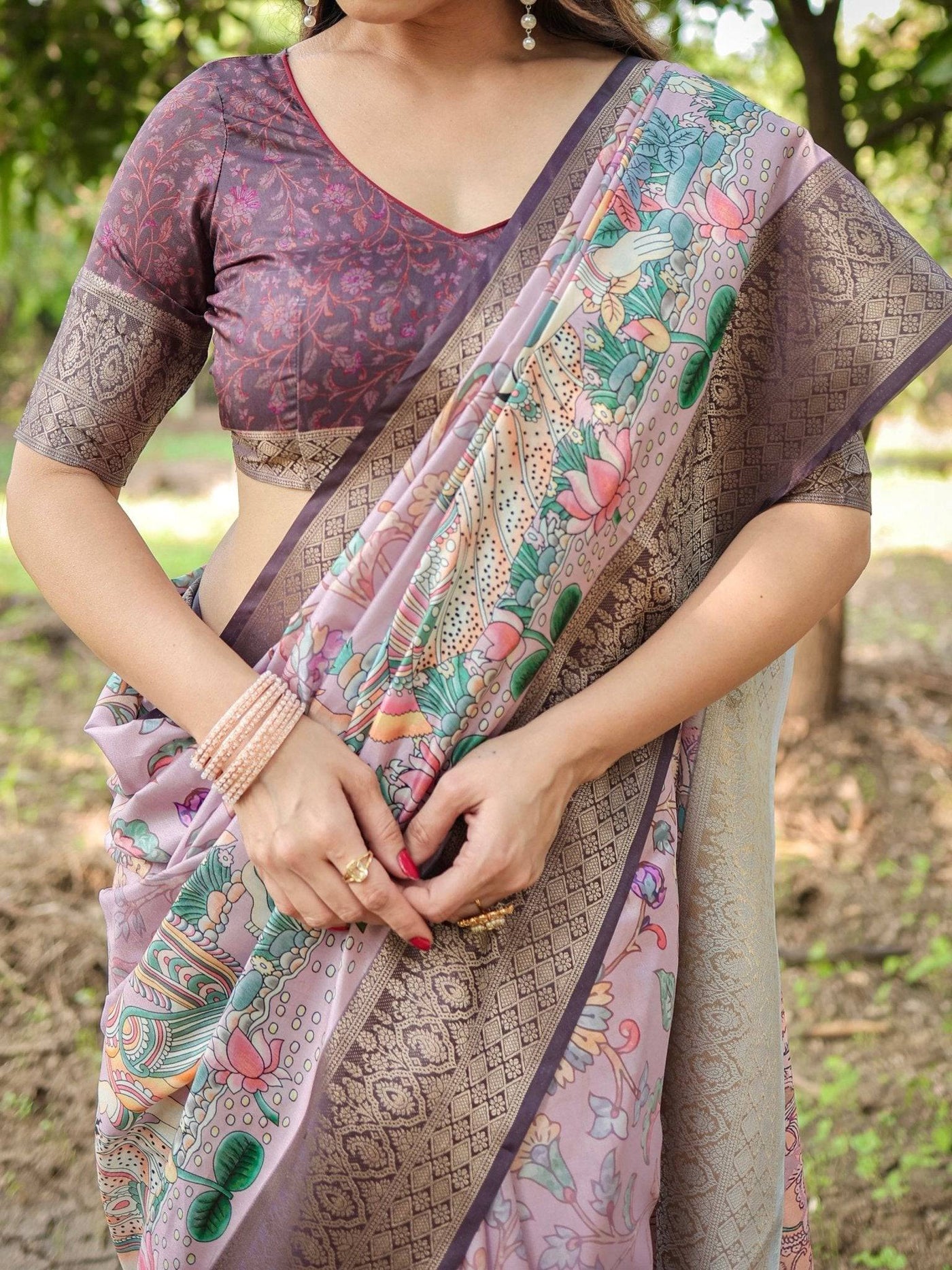 Lilac and Purple Digital Print Tussar Silk Saree with Zari Diamond Border and Lotus Motif Pallu