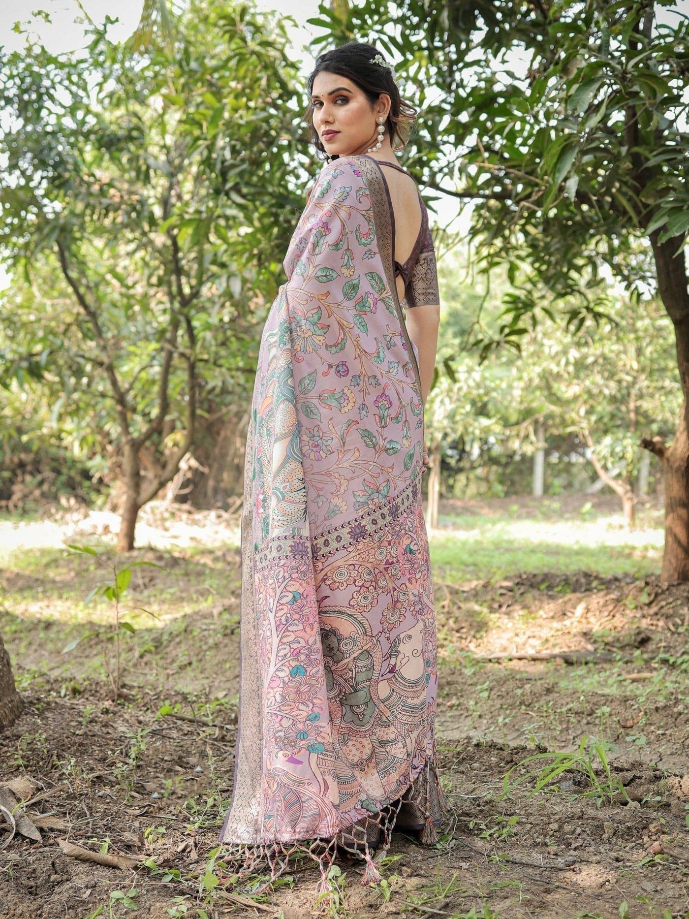 Lilac and Purple Digital Print Tussar Silk Saree with Zari Diamond Border and Lotus Motif Pallu