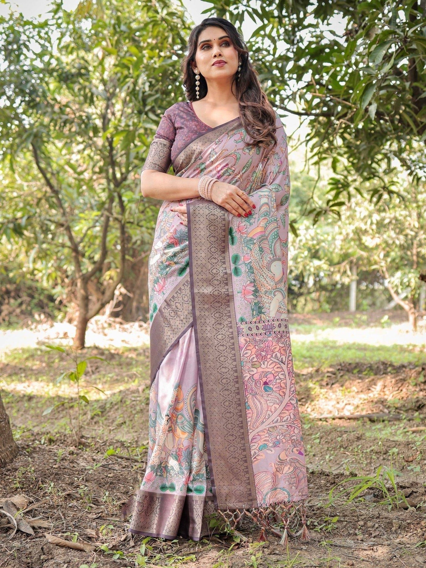 Pure Silk Digitally Printed Saree Weaved With Golden Zari Comes With Tassels