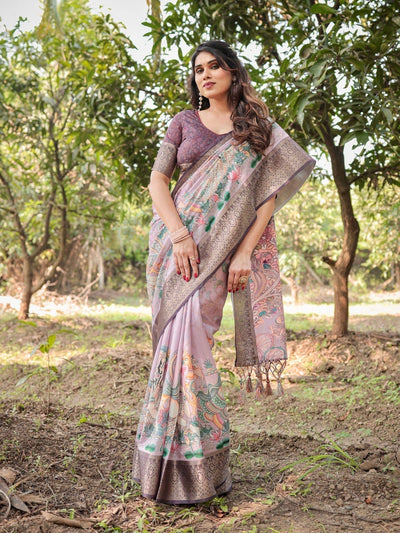 Lilac and Purple Digital Print Tussar Silk Saree with Zari Diamond Border and Lotus Motif Pallu