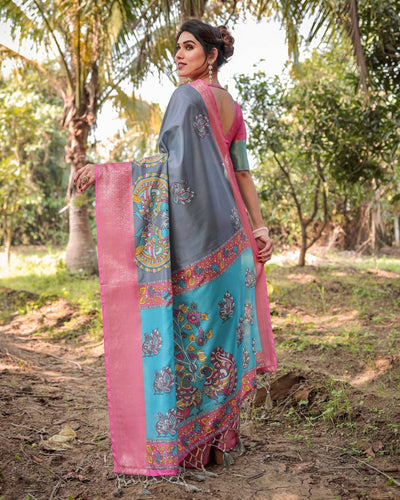 Pastel Grey and Turquoise Digital Print Banarasi Silk Saree with Pink Zari Border and Peacock Motif Pallu