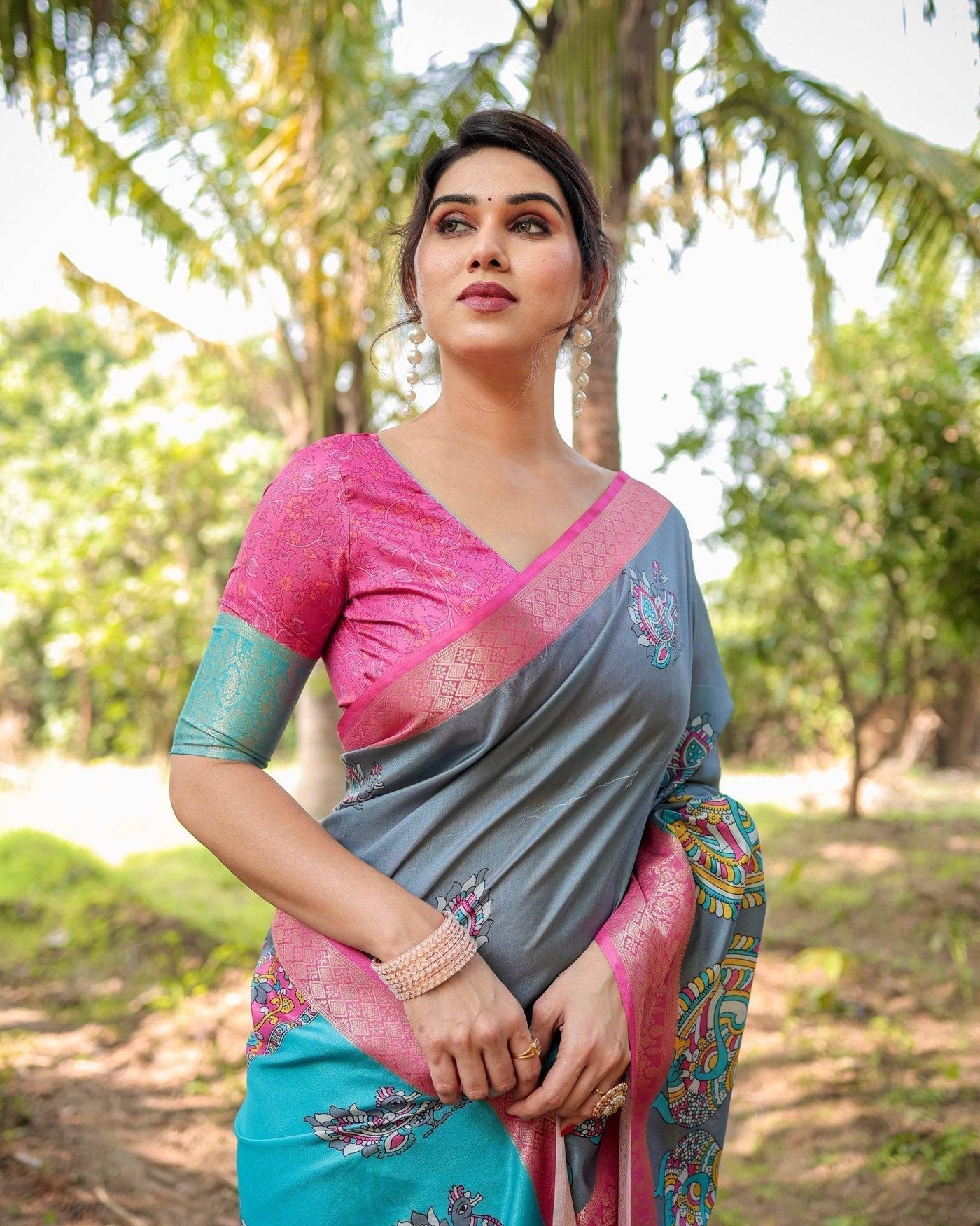 Pastel Grey and Turquoise Digital Print Tussar Silk Saree with Pink Zari Border and Peacock Motif Pallu