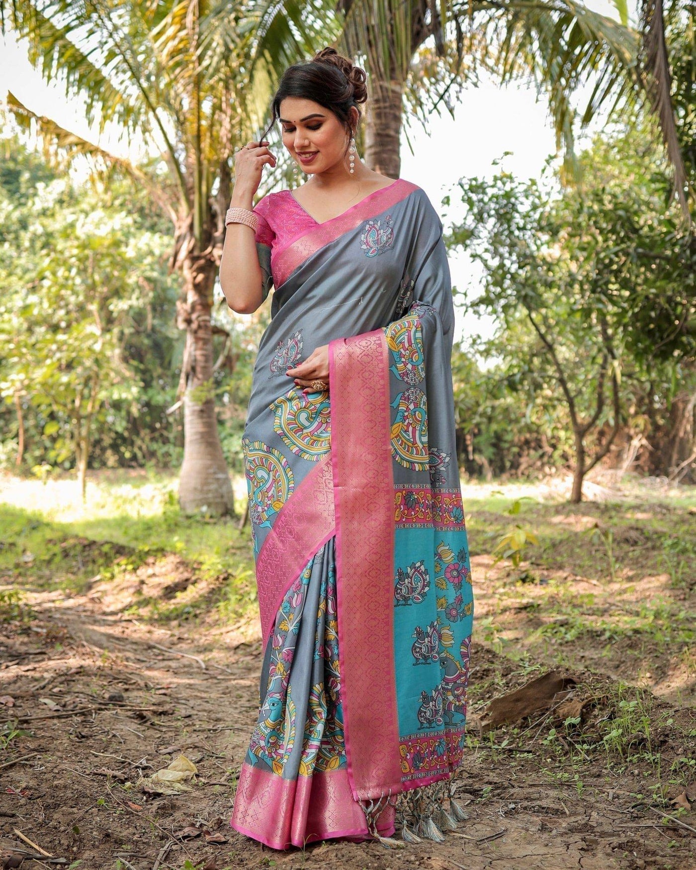 Pastel Grey and Turquoise Digital Print Tussar Silk Saree with Pink Zari Border and Peacock Motif Pallu