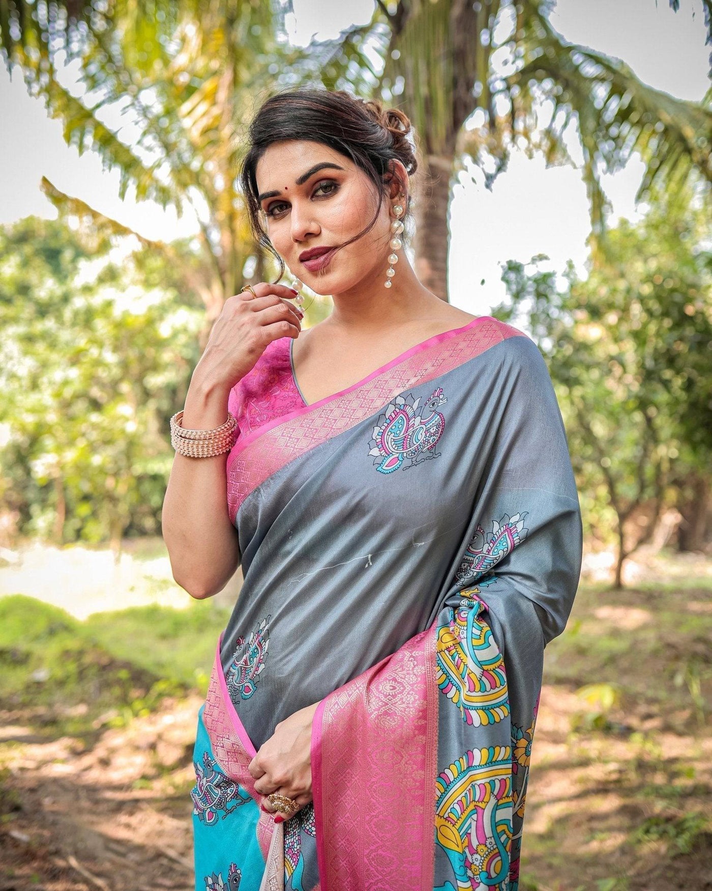 Pastel Grey and Turquoise Digital Print Tussar Silk Saree with Pink Zari Border and Peacock Motif Pallu