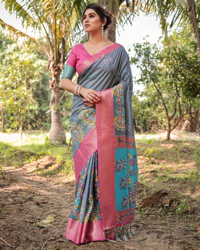 Pastel Grey and Turquoise Digital Print Banarasi Silk Saree with Pink Zari Border and Peacock Motif Pallu