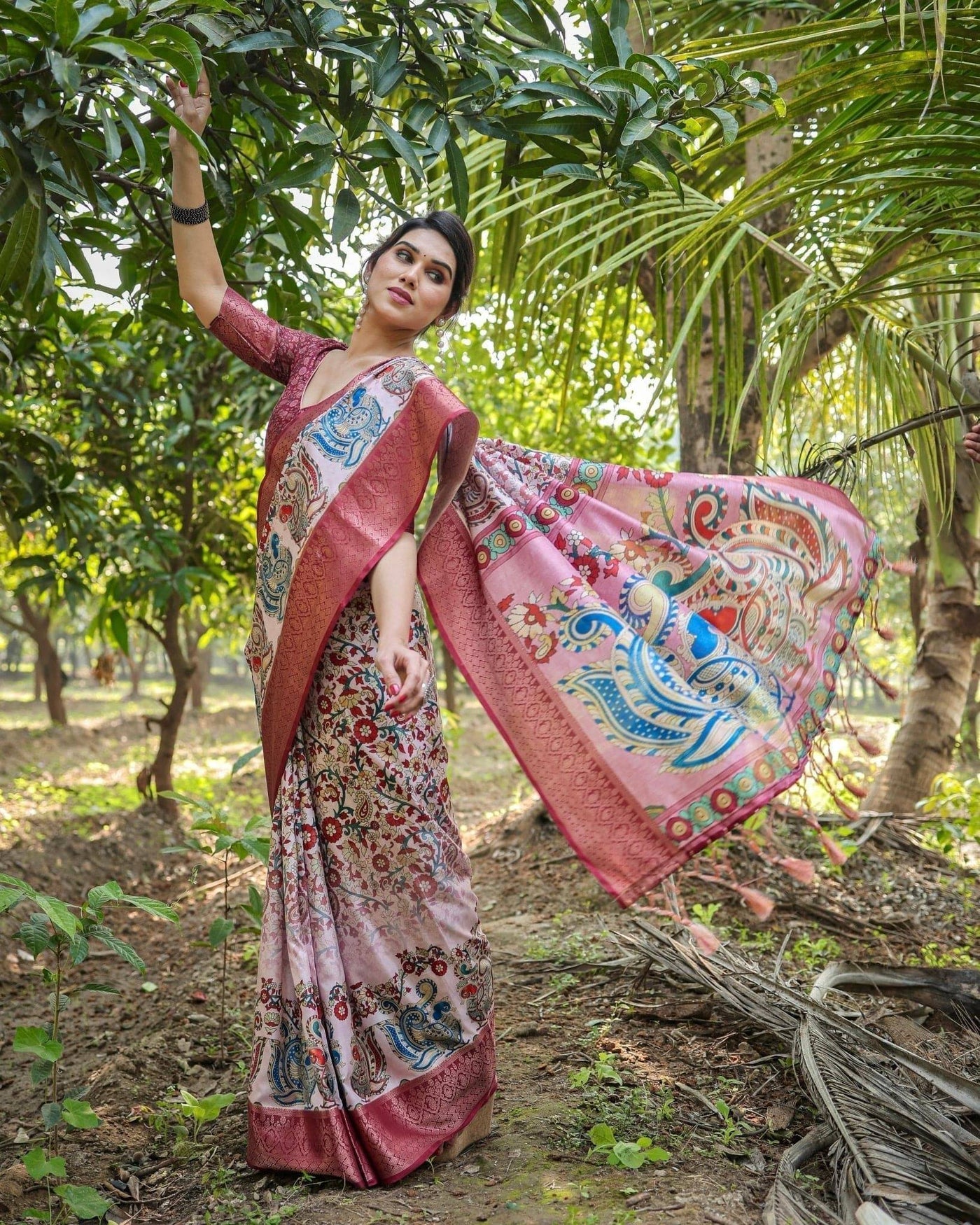 Blush Pink Digital Print Tussar Silk Saree with Zari Border and Peacock Motif Pallu