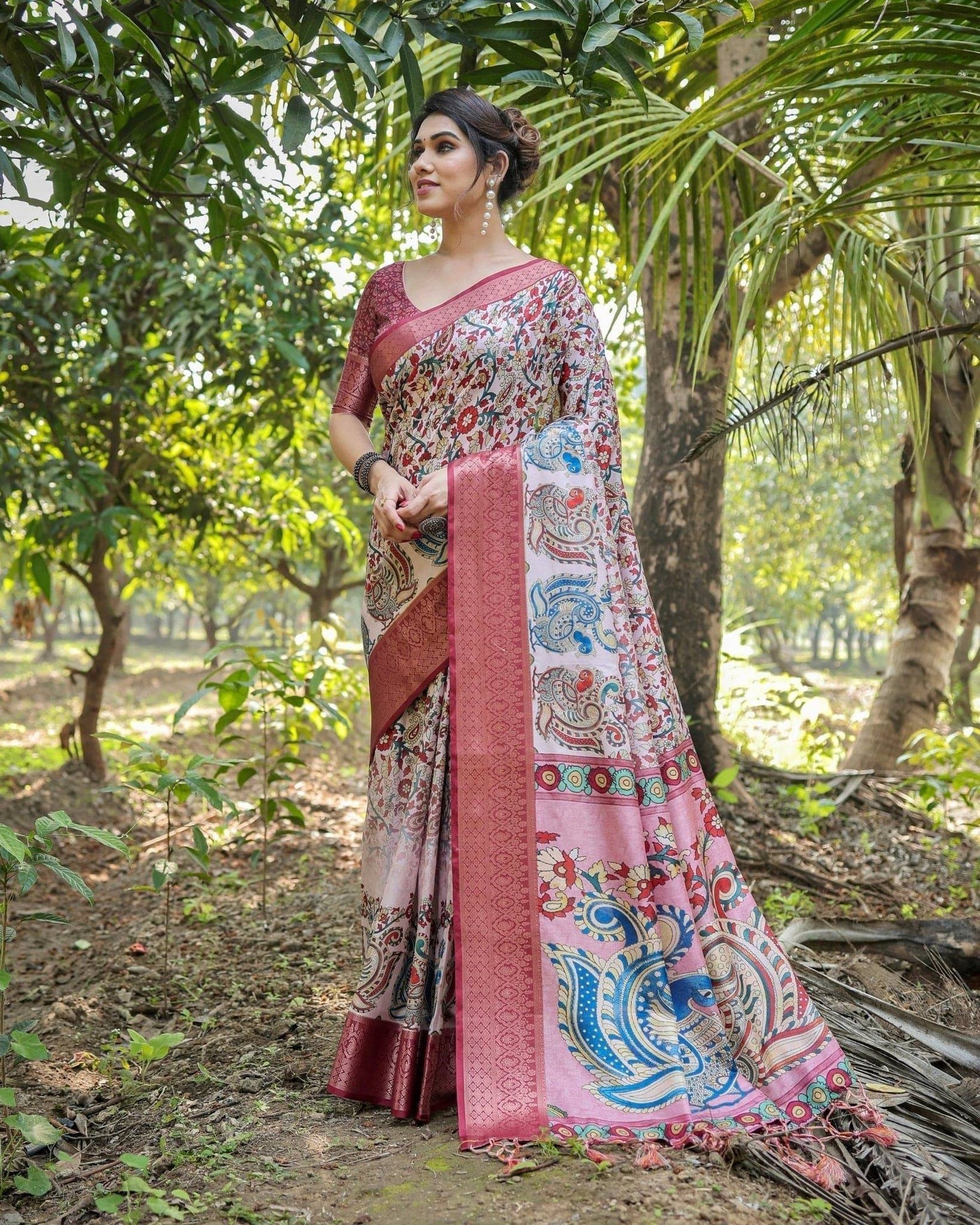 Blush Pink Digital Print Tussar Silk Saree with Zari Border and Peacock Motif Pallu