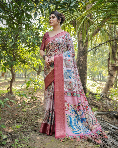 Blush Pink Digital Print Banarasi Silk Saree with Zari Border and Peacock Motif Pallu