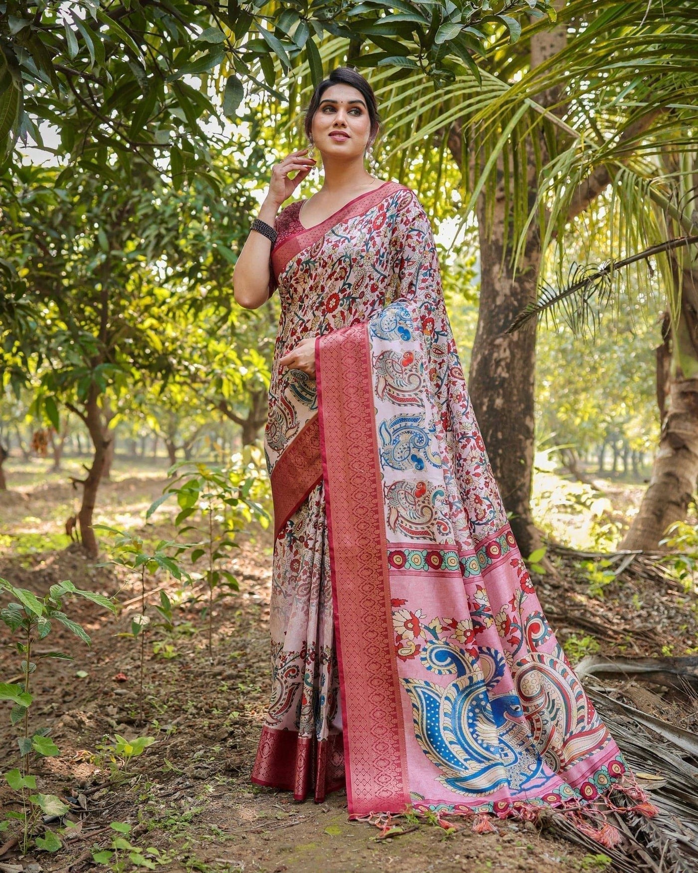 Blush Pink Digital Print Tussar Silk Saree with Zari Border and Peacock Motif Pallu