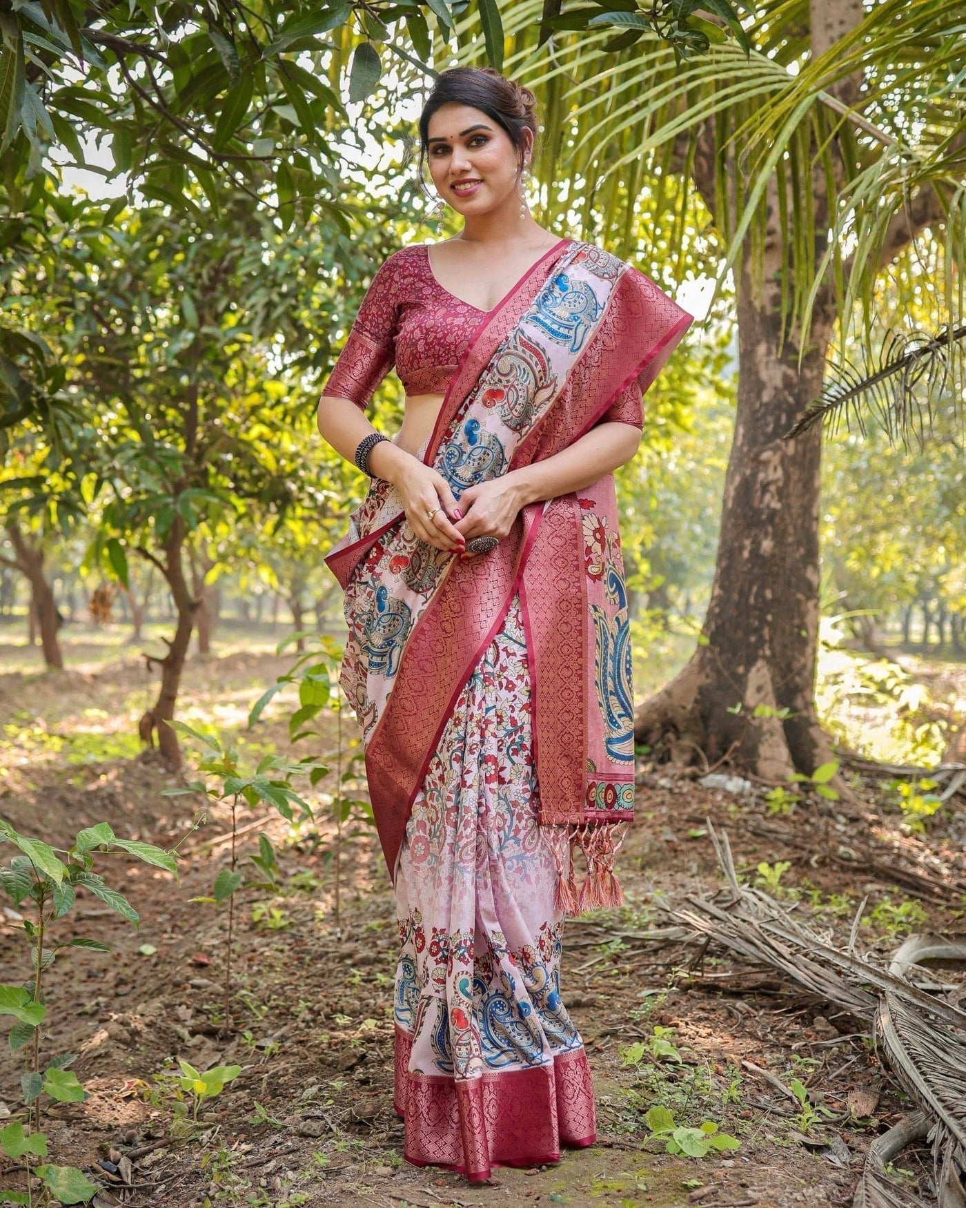 Blush Pink Digital Print Banarasi Silk Saree with Zari Border and Peacock Motif Pallu