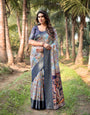 Sky Blue and Navy Digital Print Banarasi Silk Saree with Zari Woven Border and Floral Motif Pallu