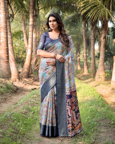 Sky Blue and Navy Digital Print Tussar Silk Saree with Zari Woven Border and Floral Motif Pallu