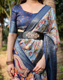 Sky Blue and Navy Digital Print Banarasi Silk Saree with Zari Woven Border and Floral Motif Pallu