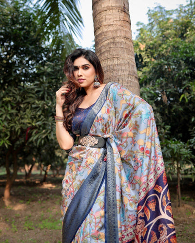 Sky Blue and Navy Digital Print Tussar Silk Saree with Zari Woven Border and Floral Motif Pallu