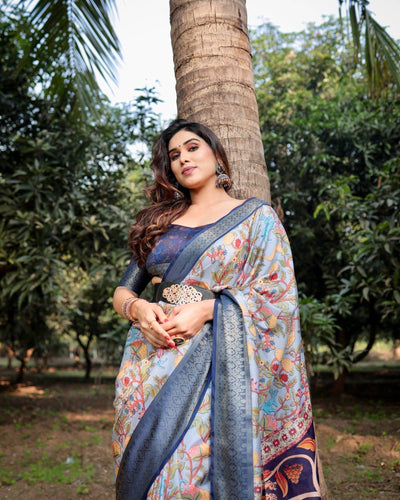 Pure Silk Digitally Printed Saree Weaved With Golden Zari Comes With Tassels