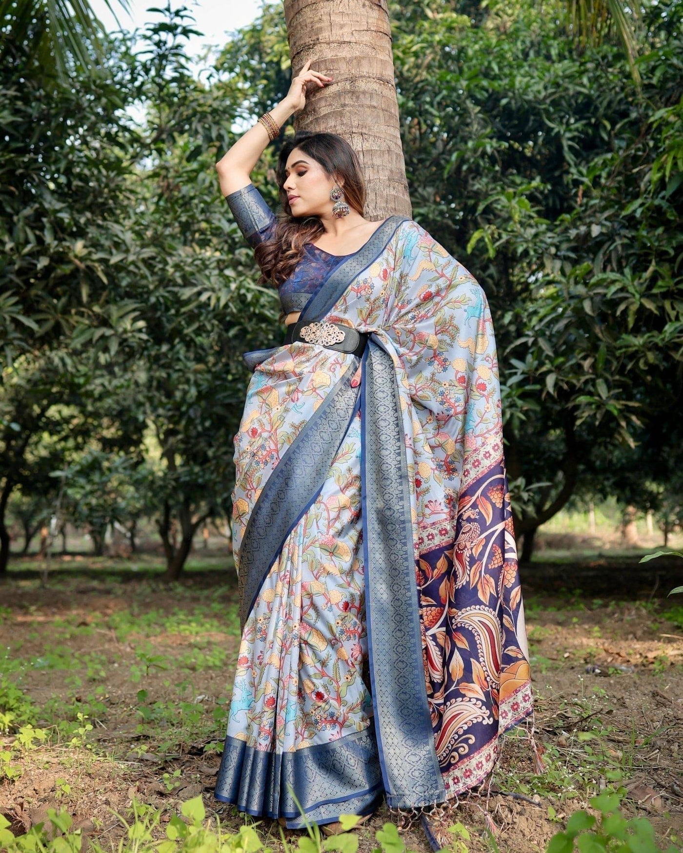 Pure Silk Digitally Printed Saree Weaved With Golden Zari Comes With Tassels